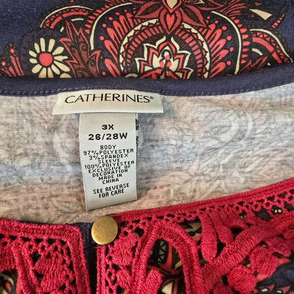 Catherines 3X 26/28W Womens Top Boho Style Keyhole Neckline Navy Red JJ4044 - Picture 4 of 12